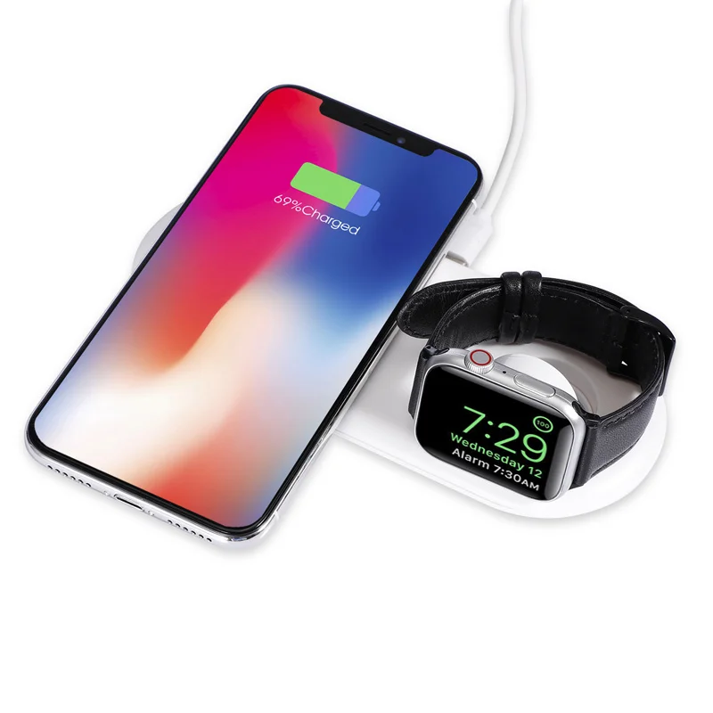 

CE Rohs FCC Certified 2 In 1 Qi wireless charger 10w fast charging wireless charging stand charger pad for Apple watch 4 5