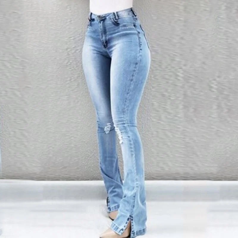 

2021 High Quality Bell Bottom Slim Kancan Denim Distressed Blue Flare Skinny Jeans