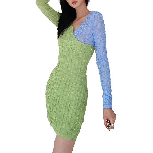 

Ladies color matching sweater apparel 2021 autumn new women's fashion sexy V-neck slim temperament dress women, Green