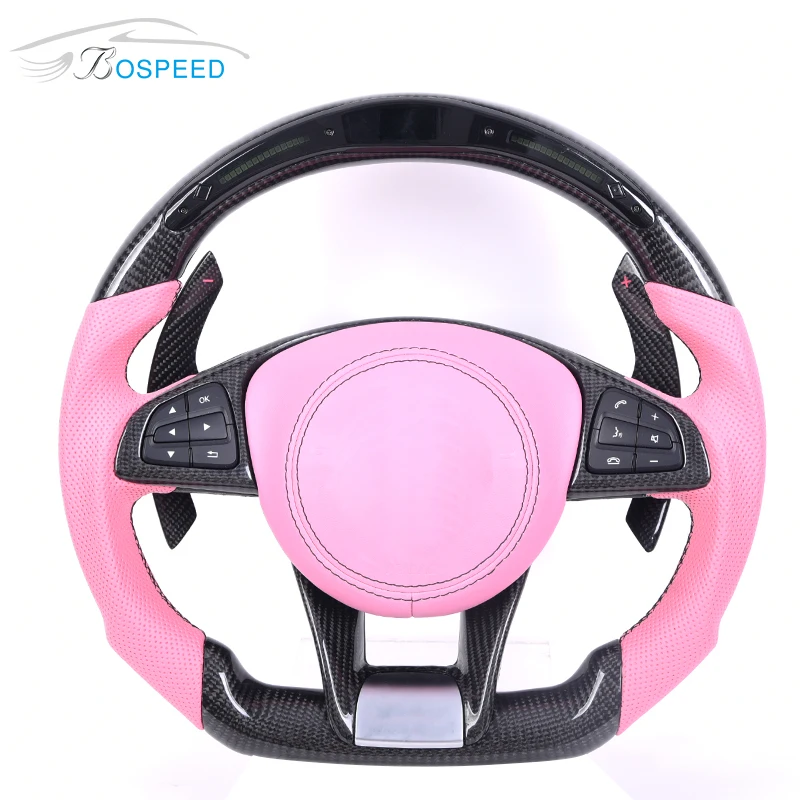 

LED Carbon fiber steering wheel for Benz AMG C class W205,pink perforated leather