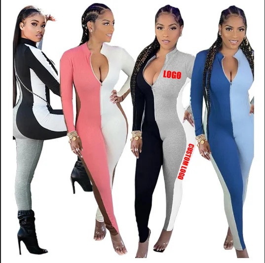 

Free Shipping Women custom splicing jumpsuit ribbed V-neck jumpsuit zipper slim jumpsuit wholesale, Customized color