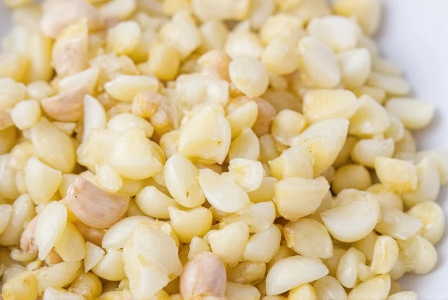Two cloves of garlic next to teaspoon measurement showing minced garlic equivalent