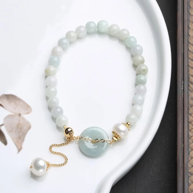 Natural Freshwater Pearl Emerald Round Jade Pendant Bracelet Hipster Beaded Elegance Retro 14K Gilded Jade Bracelet