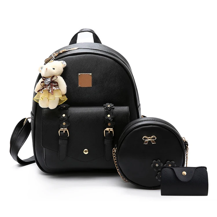 

New Fashion Pu Leather Backpacks With 3Pcs Sets Low MOQ Custom School Bags Multifunction Crossbody Bags For Women Backpack