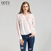 OOTN White Women Long Sleeve V neck Striped Blouse Pocket Rainbow Shirt Women Chiffon Blouse Shirt Casual Tops Office Ladies