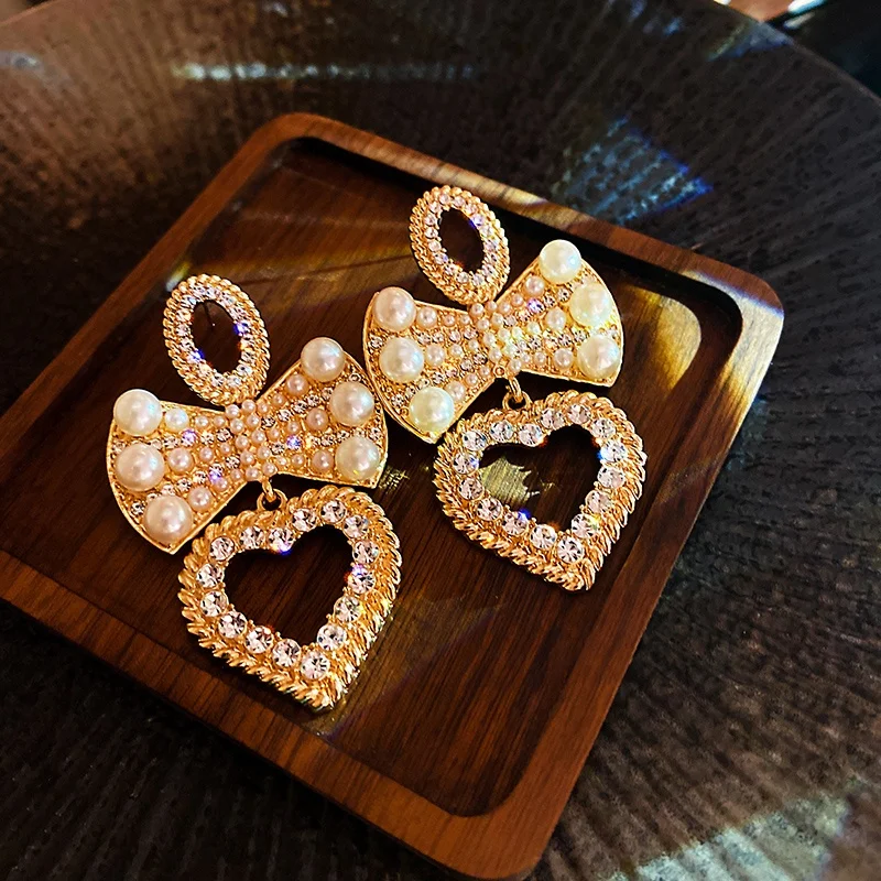 

Kaimei fashion jewelry 2021 wholesale cheap factory yiwu bow tie rhinestone diamond earring love heart dangle drop earrings 2021, Many colors fyi