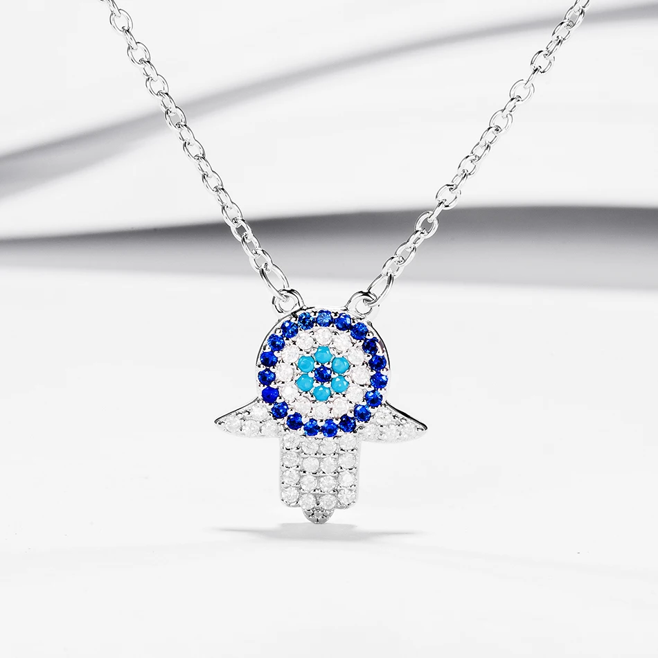 

Stylish 100% 925 Sterling Silver Necklace Palm With Blue Eye Pendants Necklaces Fit Women Silver Jewelry