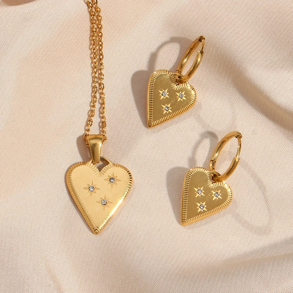 

Engraved Heart Shape Zircon Paved Necklaces And Earrings Gold Plated Stainless Steel Jewelry Sets For Women