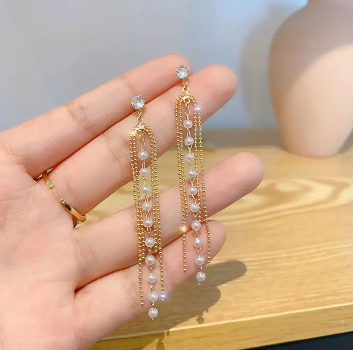 

Vintage Fashion Pearl Tassel Earrings S925 Silver Post Earrings Jewelry Wholesale