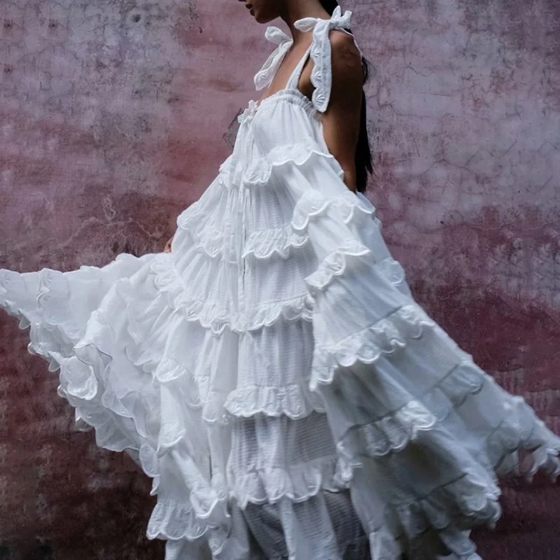 

B23950A Long Ruffle LACE CAKE dress women's large swing holiday Dress