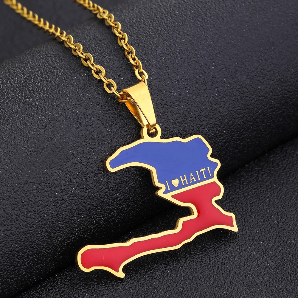 

Manufacturer Enameled Haiti Map Chain Necklaces Stainless Steel 18K Gold Plated Enamel Haiti National Flag Map Pendant Necklace