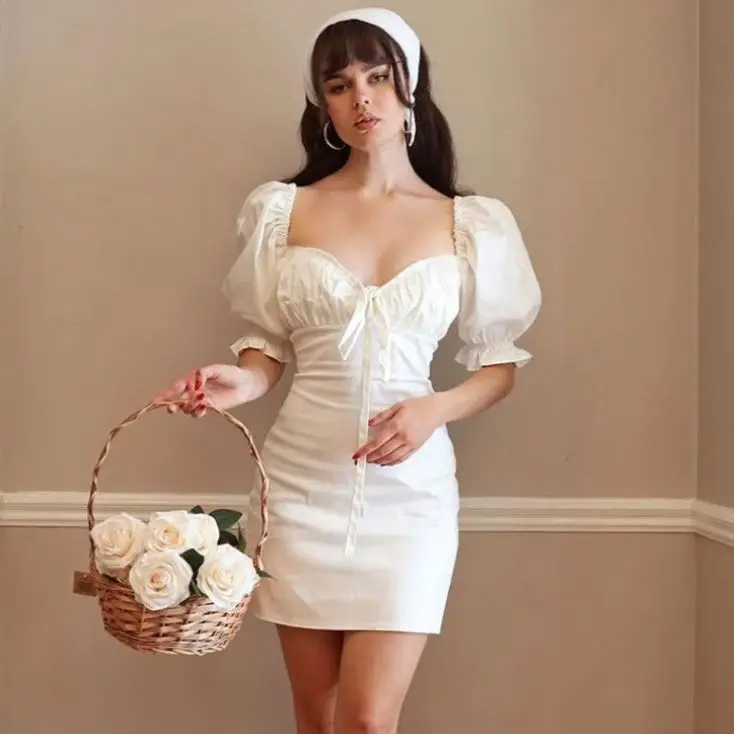 

OLIVE New Arrival Summer Short Bubble Sleeve Tight Solid Color Woman Casual Dress 2021 Women Bodycon Dress