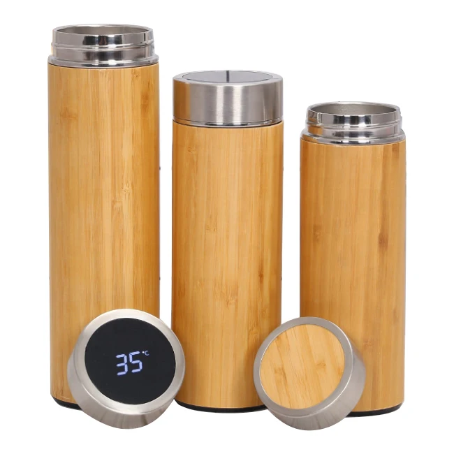 

500ml Double Wall Stainless Steel Inner Smart LED Display Bamboo Insulate Water Bottle Bamboo Vacuum Flask Coffee Tea Thermos, Customized color