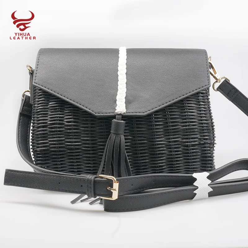 

New product ideas 2021 lady handbags the natural PU trim women summer rattan crossbody bag