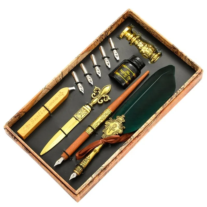 

1Set New Calligraphy Feather Dip with 5 Nib Gift Quill Pen Writing Ink Set Gift Box Wedding Fountain Pen Design