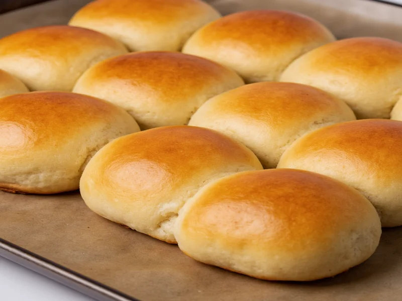 Golden yeast rolls on baking sheet with soft texture