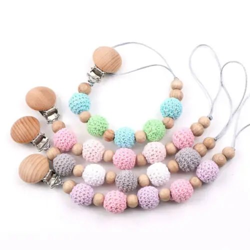 

Food Grade Wooden Beads Baby Teething Pacifier Holder Crochet Dummy Nipple Chain Baby Teether Pacifier Clip