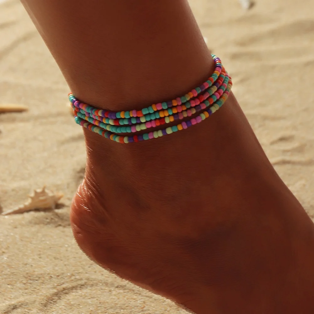 

2022 Bohemia Jewelry Beach Colored Rice Bead Elastic Beaded Anklet Women, As pictures