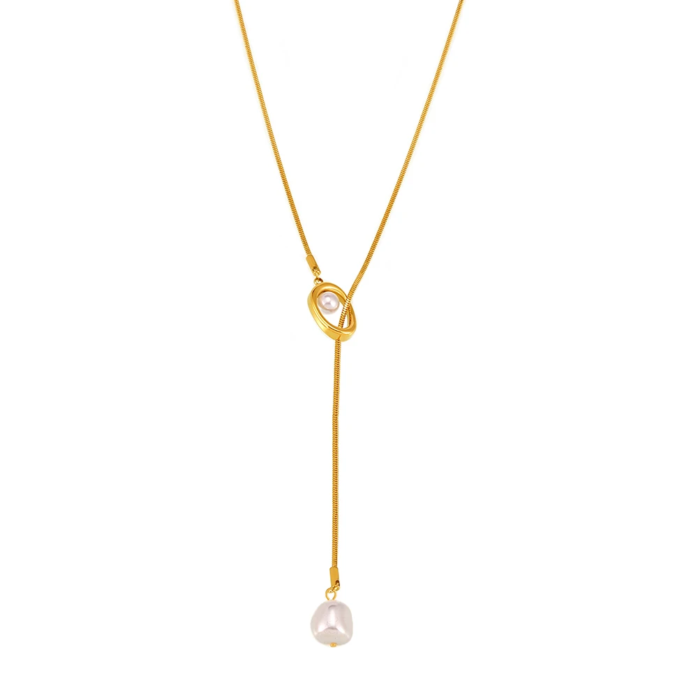 #2024 Best-selling French Fringe Imitation Pearl Necklace Long Draw Sweater Chain Stainless Steel