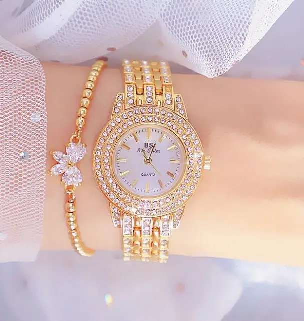 

Gold Plated Silver Three Rows Diamond Strap Clock Wrist Watches Shiny Diamond Bow Jewelry Bracelet Set, Picture shows