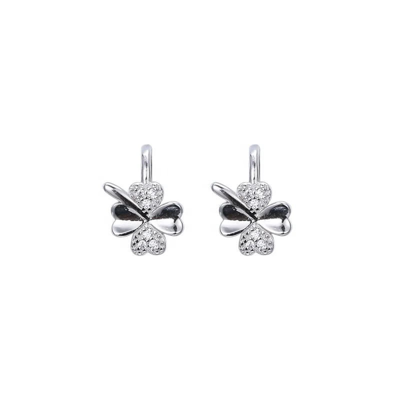 

Free Shipping Lovely Jewelry For Girl No Pierced Ears 925 Sterling Silver Lucky Clover Cuff Earrings, White