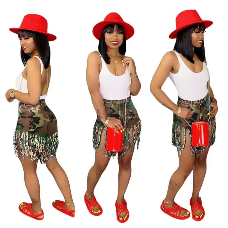 

0819M023 fashion Casual tassel camouflage print straight women High Waist Jeans Pants