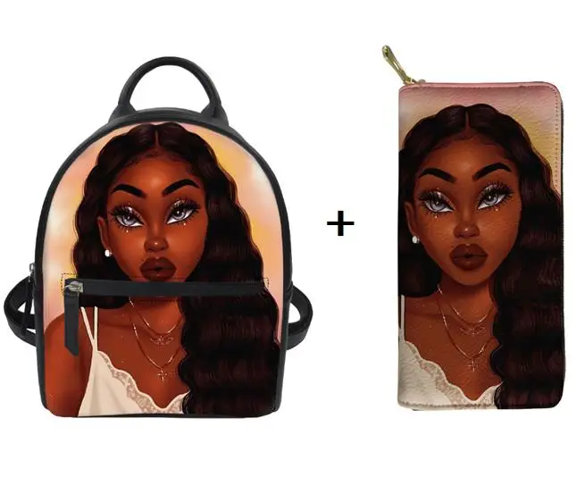 

2pcs Backpacks&Purse Women Black Art African Girls backpack style purse Ladies Luxury Shoulder Backpack Cute Mini Bagpack