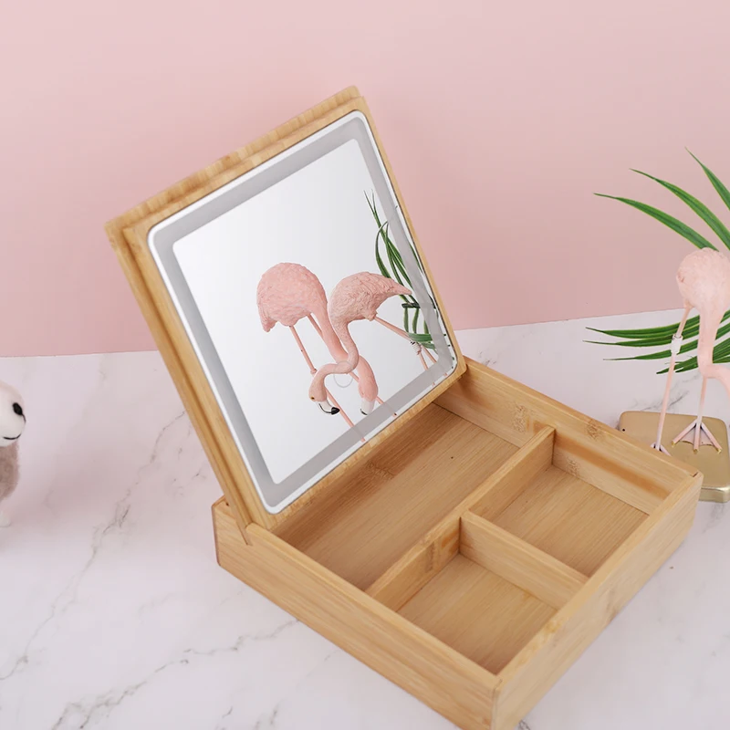 

2021 bamboo touch sensor jewelry cabinet led mirror cosmetic storage box with light for lady girls, Pictures