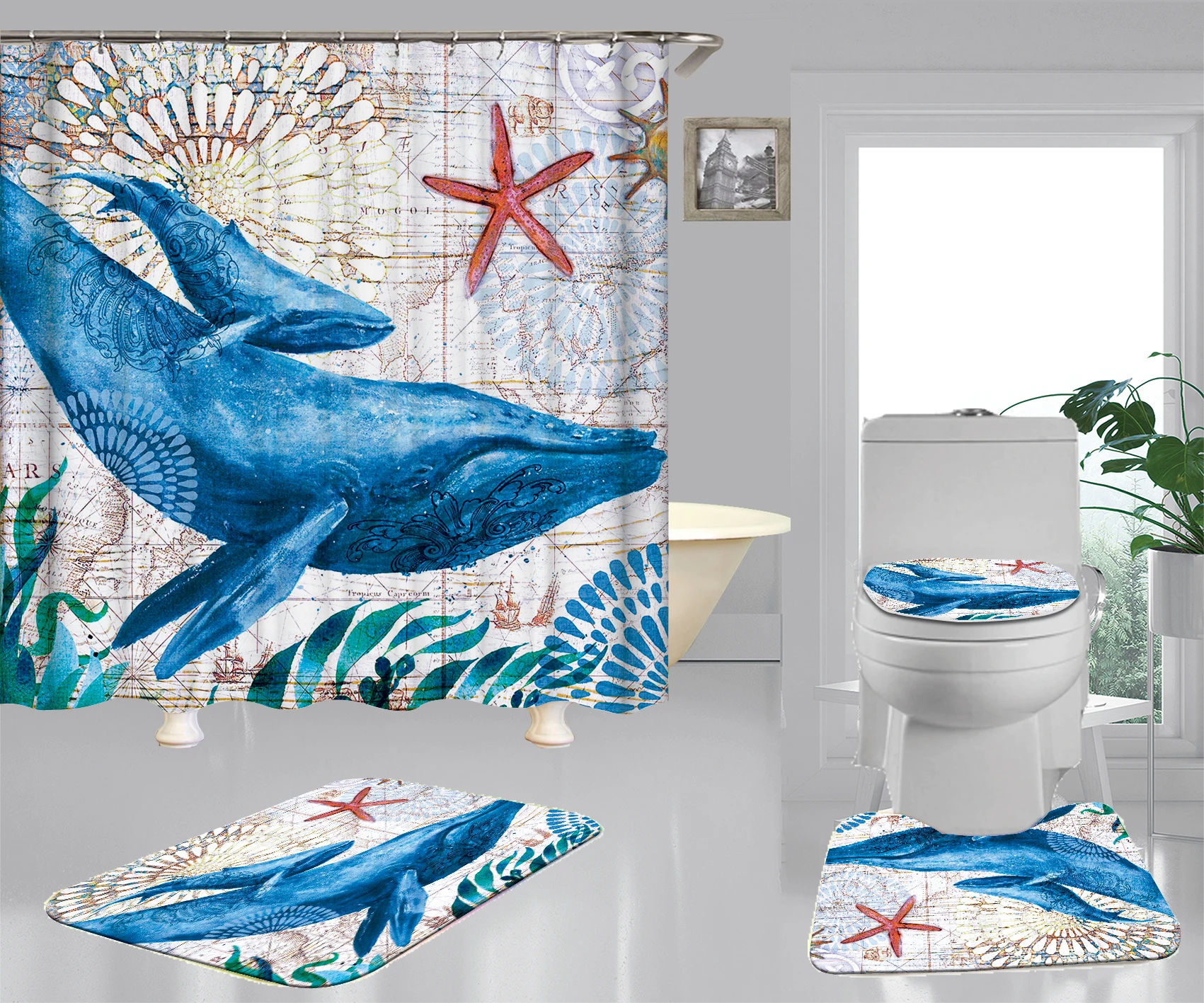 

Animal Printed Toilet Seat Set Bathroom Rugs 3D Fashion Printing Shower Curtain