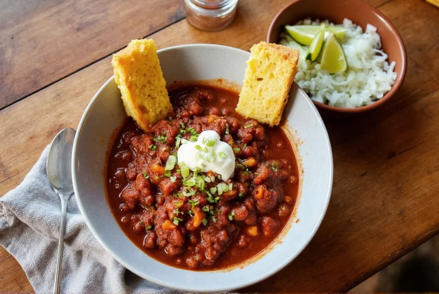 Bowl of Slow Fox Chili served with cornbread, onions, and lime wedges on rustic wooden table