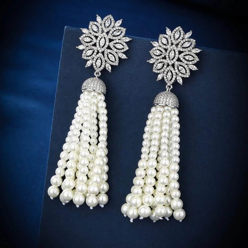 019460 Fashion Exaggerated Women's Jewelry Cubic Zirconia Flower Pearl Tassel Earrings Wedding Party Elegant and Personalized