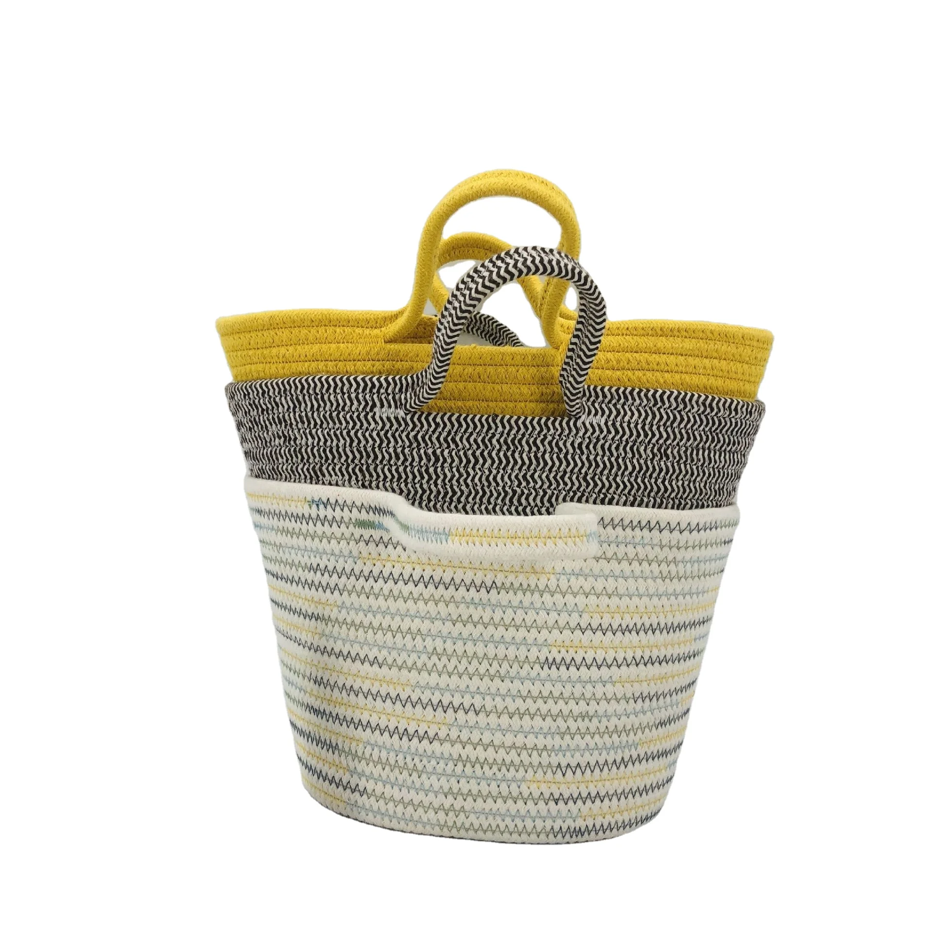 

Color Cotton Rope Woven Basket Women's portable Cotton woven Handles bags, Black