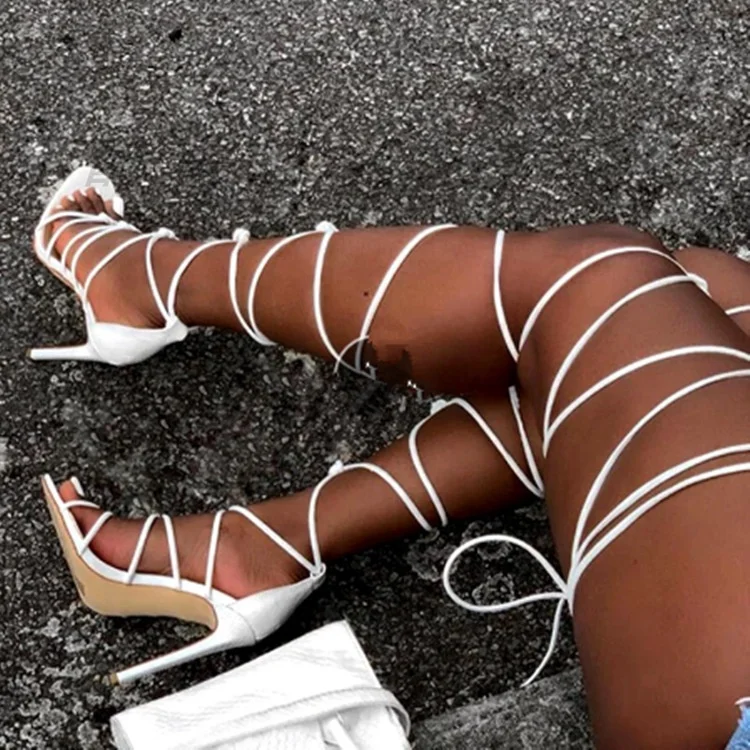 

2021new Deleventh Shoes Woman Sexy Stilettor Heels Shoes Square Toe Ankle Lace Strap Up Heels For Formals Sandals, White, green, black, rose