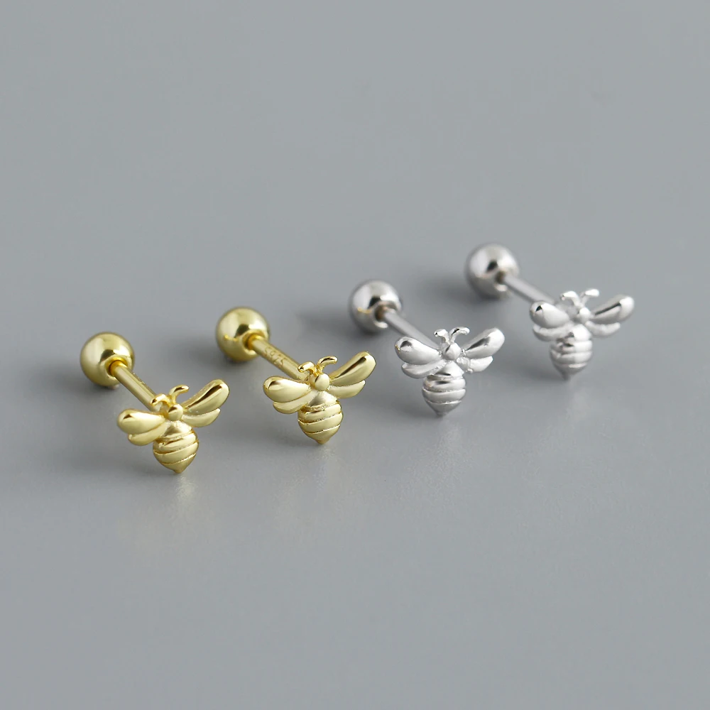 Wholesale Silver Jewelry S925 Bee Shaped Screw Stud Earrings Jewelry Sterling Silver Minimalist Insect Form Stud Earrings Women