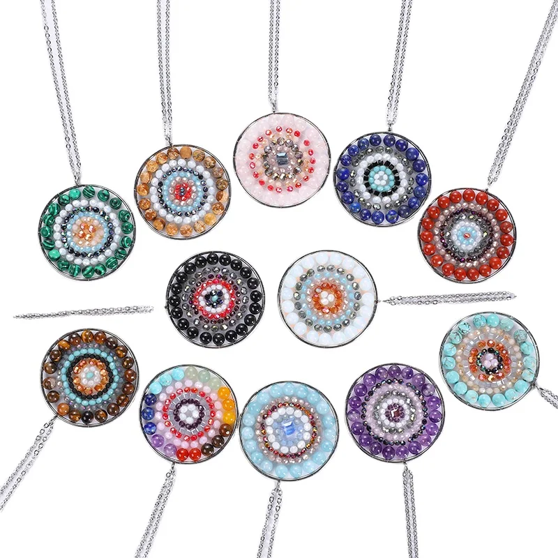 

Giftbox Gemstone and cut crystal beads stainless steel chain necklace Amethyst Aquamarine Indian Agate beaded pendant Mandala, Various kind of stones with their own natural colors