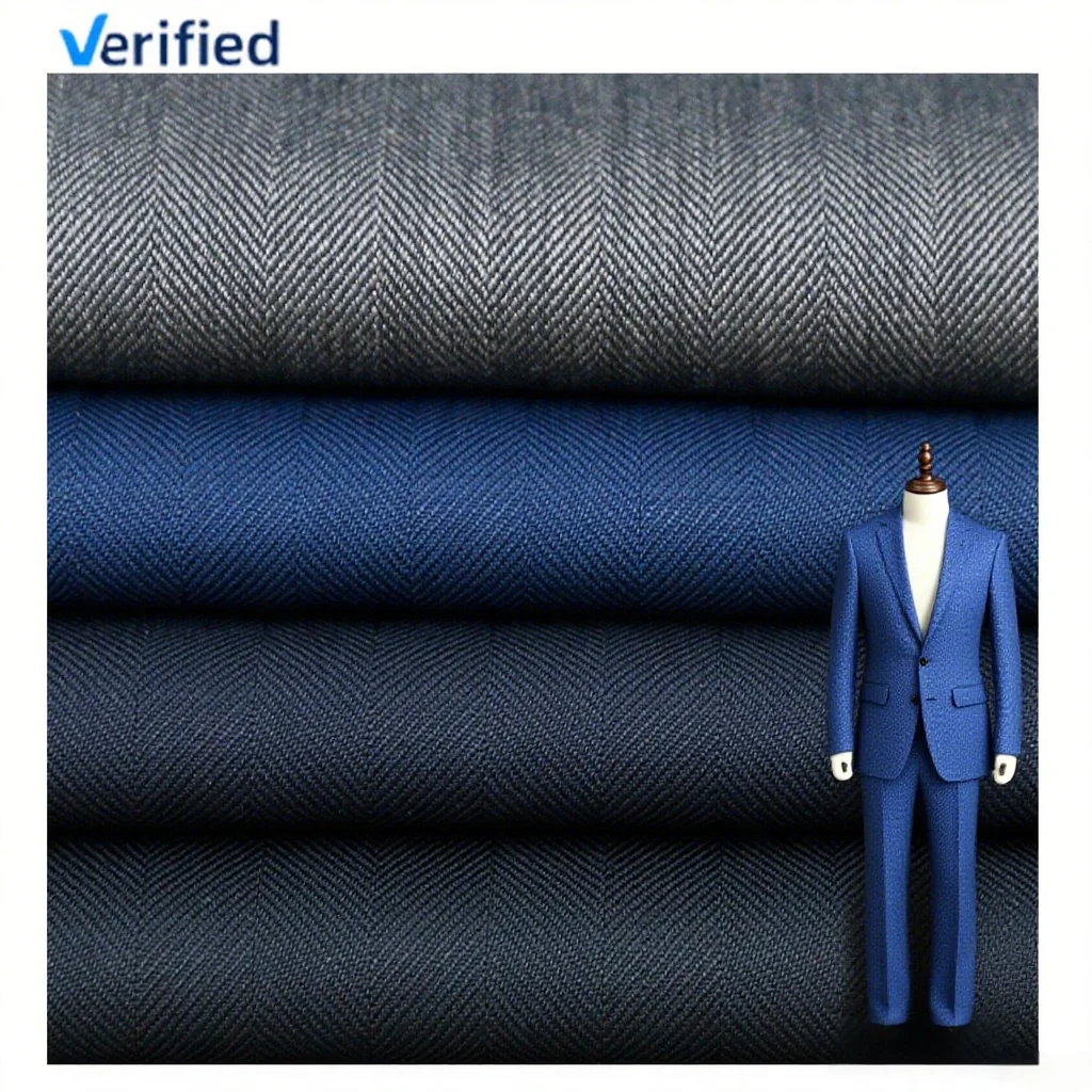 Organic and Classic Worsted 50%Wool 50%Polyester Woven Italian Suit Fabric for Men's Suit Herringbone