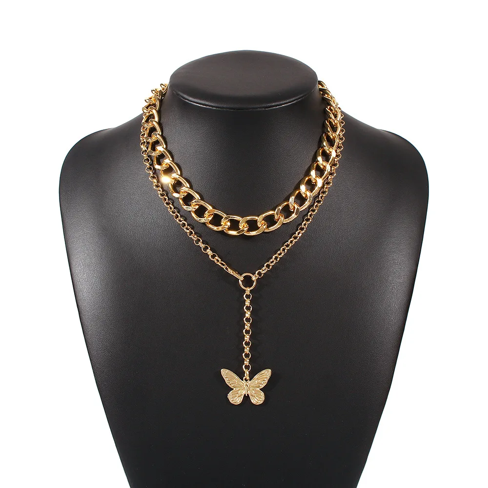 

New Fashion famous brand designer designed with High Quality gold plated cuban chain alloy butterfly charm necklace