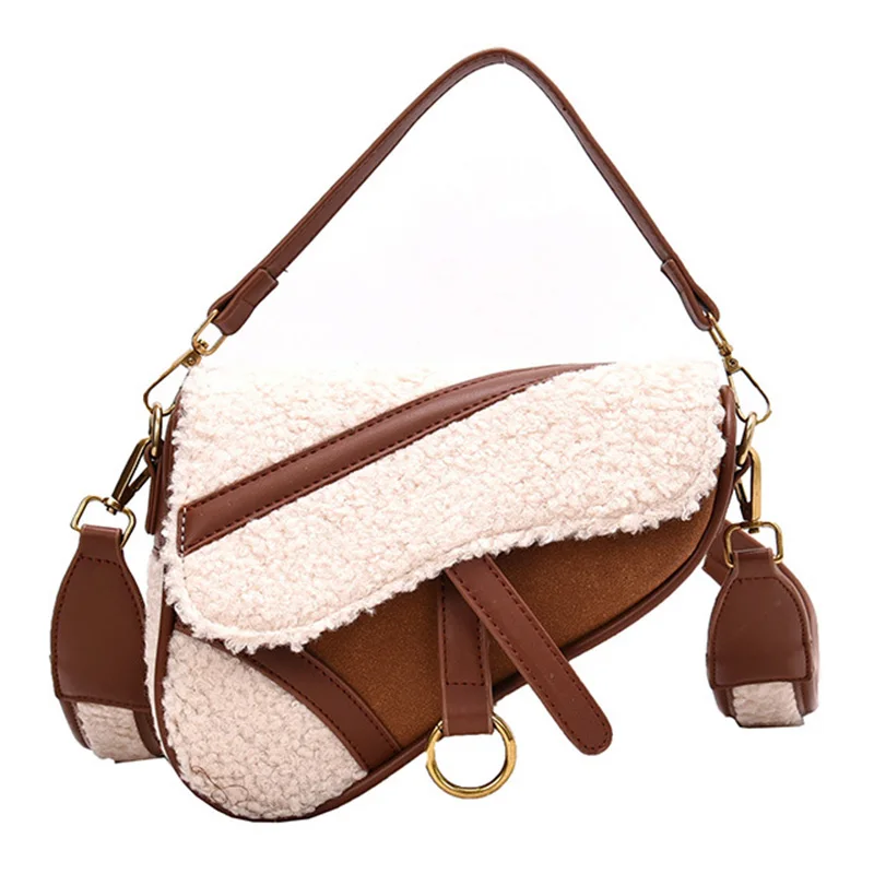 

wholesale custom new designer sling bag luxury fashion PU vegan brown leather crossbody bag fur women ladies sherling saddle bag