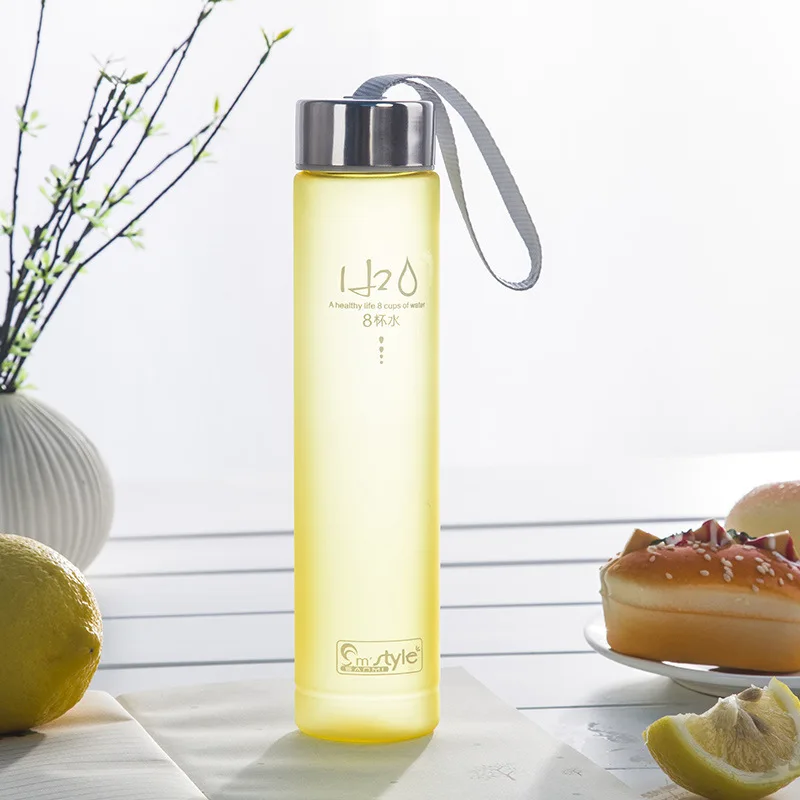 

Wholesale stocked 280ml H20 plastic drinking bottle straight transparent water bottle with rope, Blue,red,green and purple