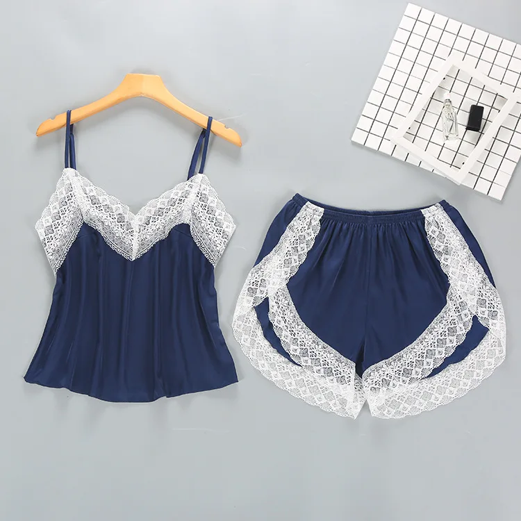 Ladies sexy lace suspenders shorts pajama sets 2 pieces set luxury milky silk soft sleepwear