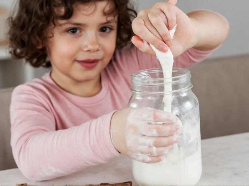 Child safely mixing flour glue in mason jar