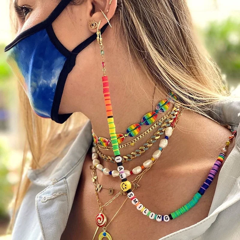 

New y2k jewelry boho colorful letter smile face plymer clay eyeglass chains strap women girls masking chain necklace holder
