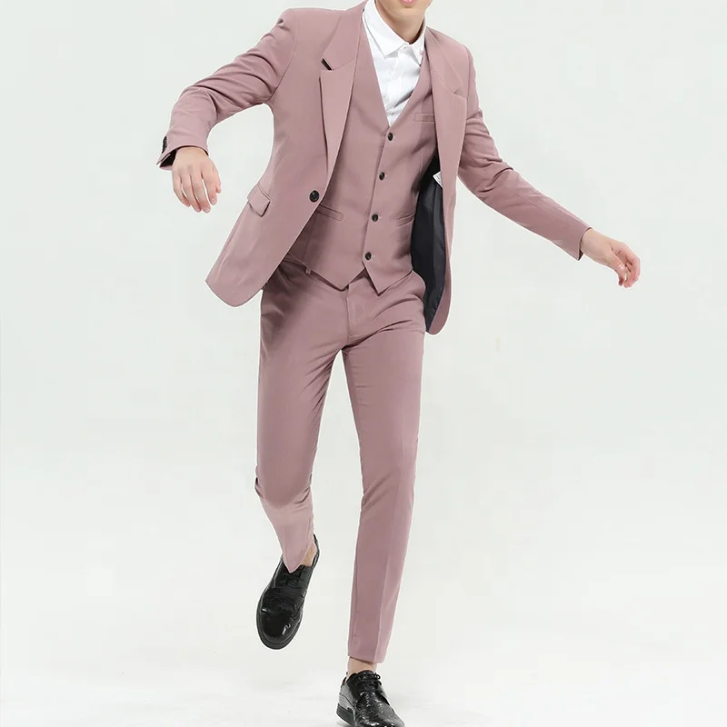 

Latest Design Coat Vest Pants Pink 3 Pieces Slim Fir Suits Groom Men Suit, As pic