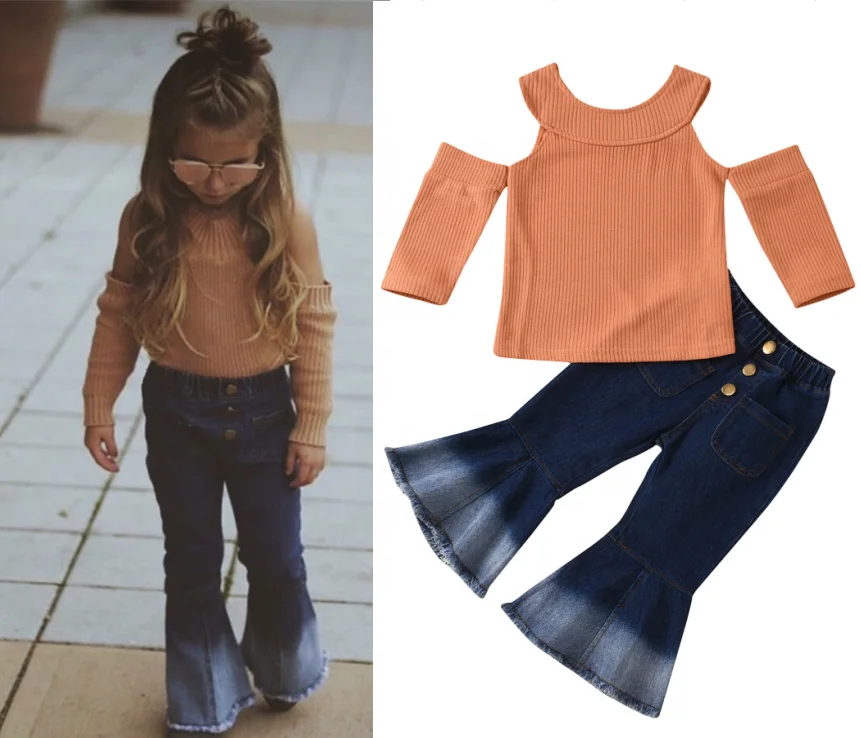 

2020-Baby Kids Girl Off shoulder Knitted Top Denim Flared Pants Chic Style Autumn Outfits, As picture
