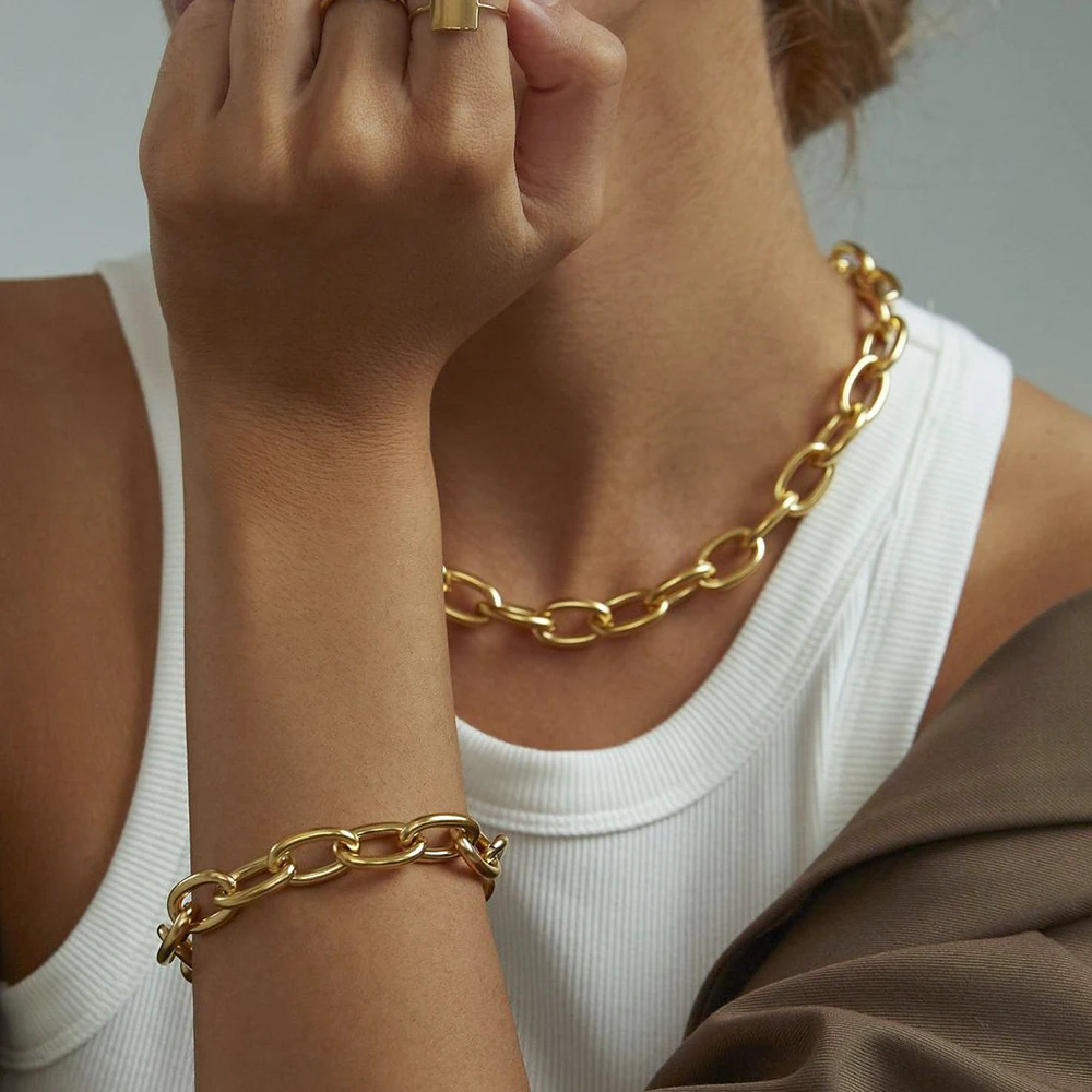 

Chunky Chain Link Necklace for Women Oversized Link Chain Bracelets 18k Gold Plated Stainless Steel Chain Necklace