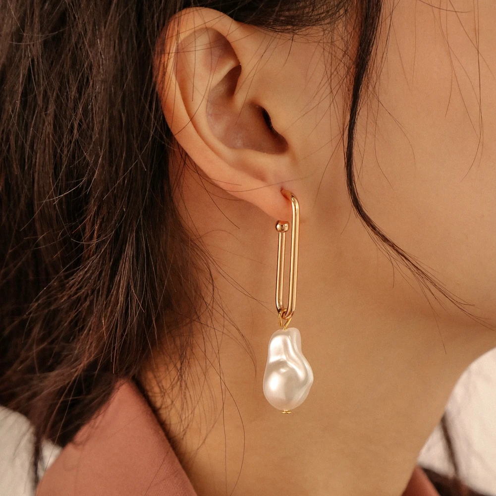 

Wholesale Gold color plated U-shaped Baroque irregular Pearl Women Hook Earrings