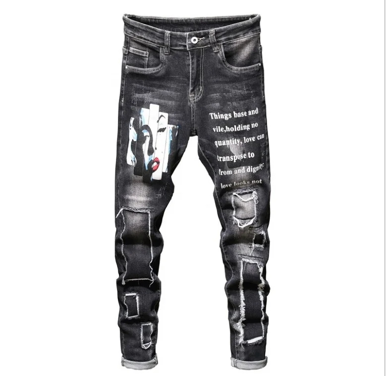 

Elastic Men's Skinny Slim Fit Straight Jeans Denim Letter Pants