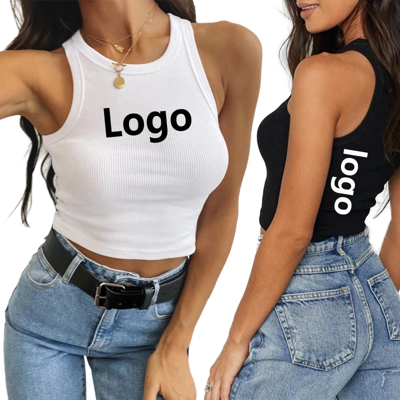 

2021 Hot Custom Logo Summer Ladies Bulk Plain White Black Ribbed Crop Womens Shirts And Tank Tops