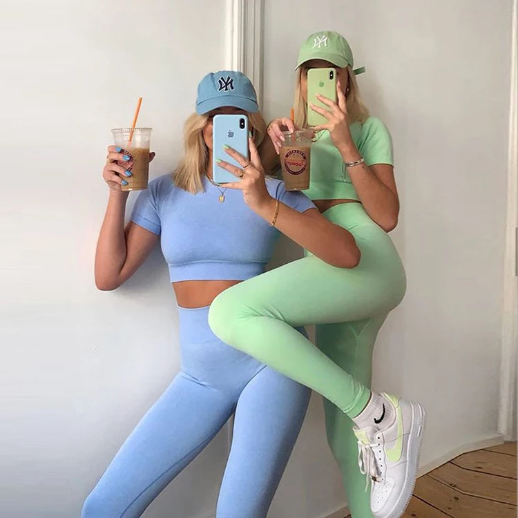 

Womens Seamless Sports Athleisure 2 Piece Active wear Sets Tops and Yoga Bottoms Casual Outfits