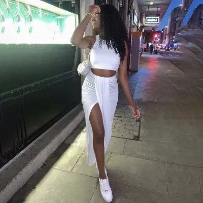 

2021 Summer Fashion Women's Solid Color Short Vest Pleated Split Long Skirt Two Pieces Dress Set